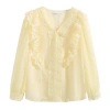 A new V-neck chiffon top for women in the 2022 autumn collection, with ruffled edges, is fashionable and beautiful. This small blouse makes you look slimmer Item Picture